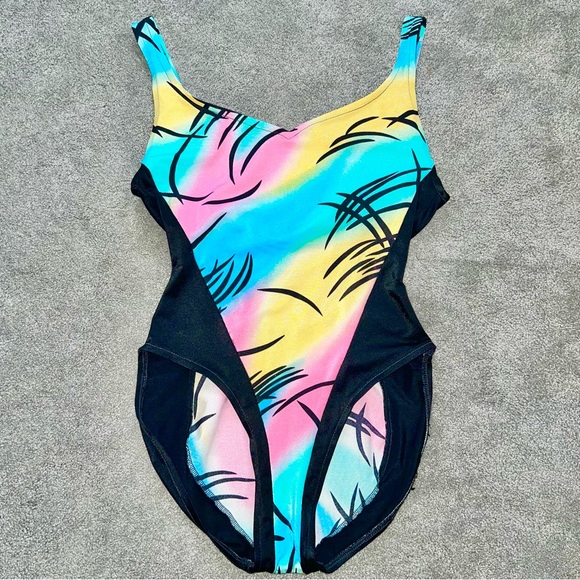 L 11/12 VTG 80’s Avon Fashion Pastel Black High Cut Aerobics One Piece Swimsuit - Picture 2 of 12